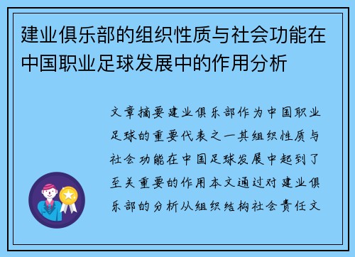 建业俱乐部的组织性质与社会功能在中国职业足球发展中的作用分析